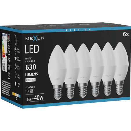 Mexen Nova 6x LED izzó E14, C37, 6W, Semleges - 4000K, 630 lm - L102-E14-0640-01x06
