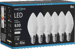 Mexen Nova 6x LED izzó E14, C37, 6W, Semleges - 4000K, 630 lm - L102-E14-0640-01x06