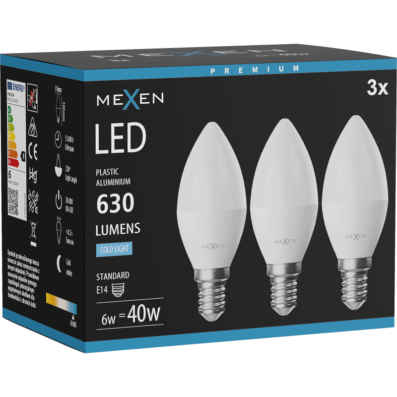 Mexen Nova 3x Bec LED E14, C37, 6W, Rece - 6500K, 630 lm - L102-E14-0665-01x03
