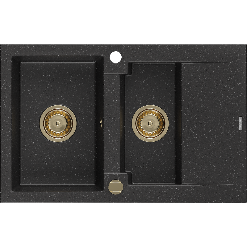 Mexen Gaspar chiuvetă de bucătărie din granit cu 1,5 cuve și scurgător 737 x 475 mm, negru/argintiu metalic, sifon auriu
