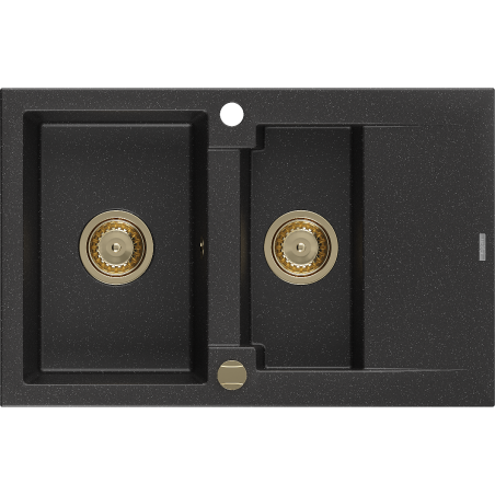 Mexen Gaspar chiuvetă din granit 1,5 camere cu scurgător 737 x 475 mm, negru/argintiu metalic, sifon auriu - 6507731505-73-G