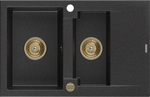 Mexen Gaspar chiuvetă de bucătărie din granit cu 1,5 cuve și scurgător 737 x 475 mm, negru/argintiu metalic, sifon auriu