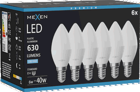 Mexen Nova 6x LED izzó E14, C37, 6W, Hideg - 6500K, 630 lm - L102-E14-0665-01x06