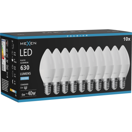 Mexen Nova 10x LED izzó E14, C37, 6W, Hideg - 6500K, 630 lm - L102-E14-0665-01x10