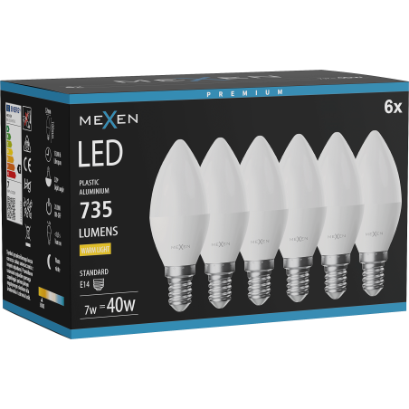 Mexen Nova 6x LED Izzó E14, C37, 7W, Meleg - 3000K, 735 lm - L102-E14-0730-01x06