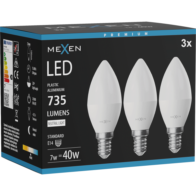 Mexen Nova 3x Bec LED E14, C37, 7W, Neutră - 4000K, 735 lm - L102-E14-0740-01x03
