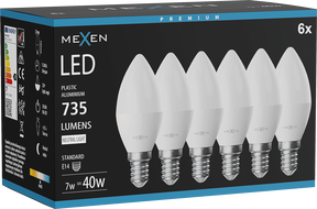 Mexen Nova 6x LED izzó E14, C37, 7W, Semleges - 4000K, 735 lm - L102-E14-0740-01x06