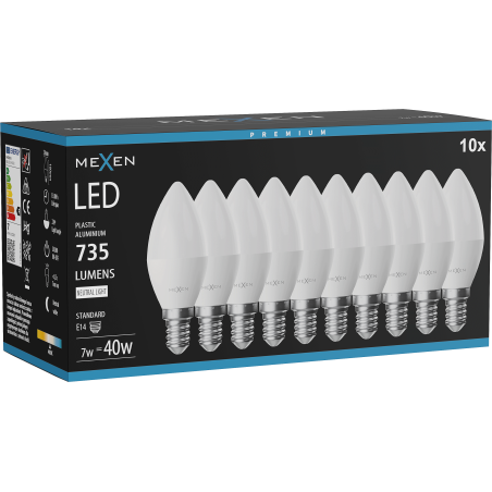 Mexen Nova 10x LED izzó E14, C37, 7W, Semleges - 4000K, 735 lm - L102-E14-0740-01x10