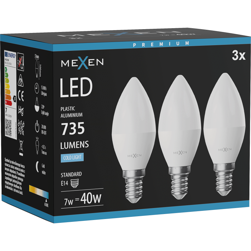 Mexen Nova 3x Bec cu LED E14, C37, 7W, Rece - 6500K, 735 lm - L102-E14-0765-01x03
