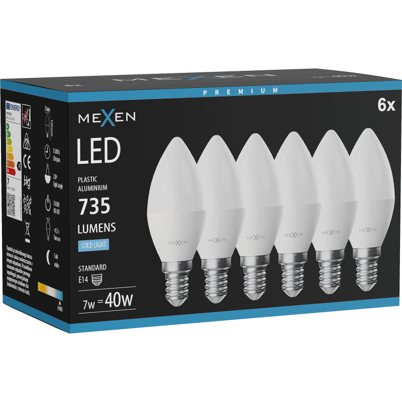 Mexen Nova 6x LED izzó E14, C37, 7W, Hideg - 6500K, 735 lm - L102-E14-0765-01x06