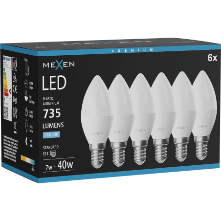 Mexen Nova 6x Bec LED E14, C37, 7W, Rece - 6500K, 735 lm - L102-E14-0765-01x06