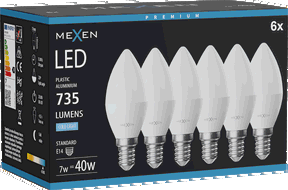 Mexen Nova 6x LED izzó E14, C37, 7W, Hideg - 6500K, 735 lm - L102-E14-0765-01x06
