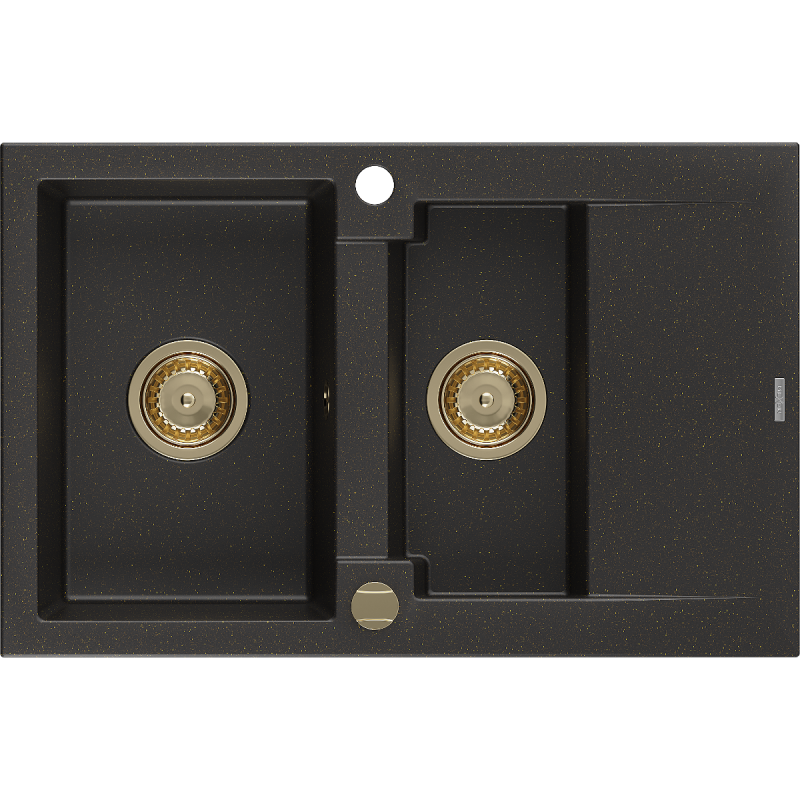 Mexen Gaspar chiuvetă granit 1,5-camere cu scurgător 737 x 475 mm, negru/metal aurit, sifon auriu - 6507731505-75-G