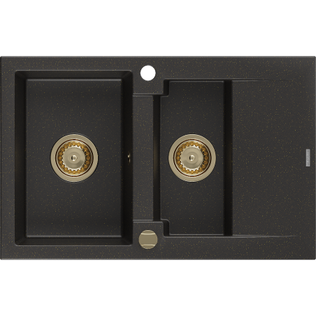 Mexen Gaspar chiuvetă granit 1,5-camere cu scurgător 737 x 475 mm, negru/metal aurit, sifon auriu - 6507731505-75-G