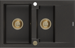 Mexen Gaspar 1,5 rekeszes, csepegtetős gránit mosogató 737 x 475 mm, fekete/arany metál, arany szifon - 6507731505-75-G