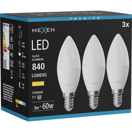 Mexen Nova 3x LED izzó E14, C37, 8W, Meleg - 3000K, 840 lm - L102-E14-0830-01x03