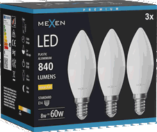 Mexen Nova 3x LED izzó E14, C37, 8W, Meleg - 3000K, 840 lm - L102-E14-0830-01x03