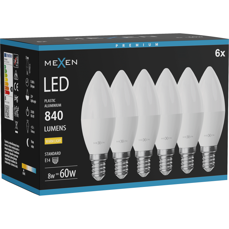 Mexen Nova 6x Bec LED E14, C37, 8W, Caldă - 3000K, 840 lm - L102-E14-0830-01x06