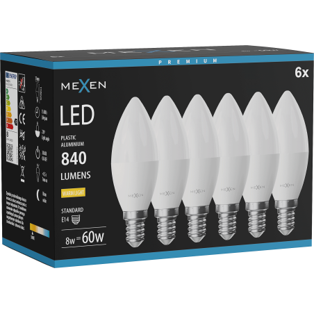 Mexen Nova 6x LED izzó E14, C37, 8W, Meleg - 3000K, 840 lm - L102-E14-0830-01x06