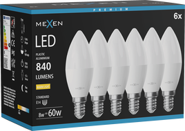 Mexen Nova 6x LED izzó E14, C37, 8W, Meleg - 3000K, 840 lm - L102-E14-0830-01x06