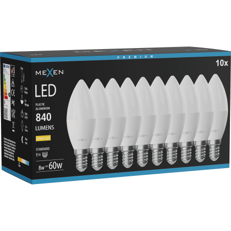 Mexen Nova 10x LED izzó E14, C37, 8W, Meleg - 3000K, 840 lm - L102-E14-0830-01x10
