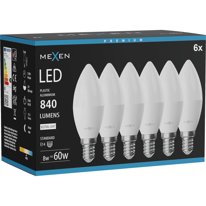 Mexen Nova 6x Bec LED E14, C37, 8W, Neutru - 4000K, 840 lm - L102-E14-0840-01x06