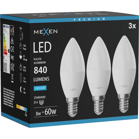 Mexen Nova 3x Bec LED E14, C37, 8W, Rece - 6500K, 840 lm - L102-E14-0865-01x03