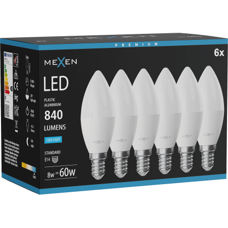 Mexen Nova 6x LED izzó E14, C37, 8W, Hideg - 6500K, 840 lm - L102-E14-0865-01x06