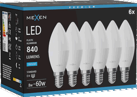 Mexen Nova 6x LED izzó E14, C37, 8W, Hideg - 6500K, 840 lm - L102-E14-0865-01x06