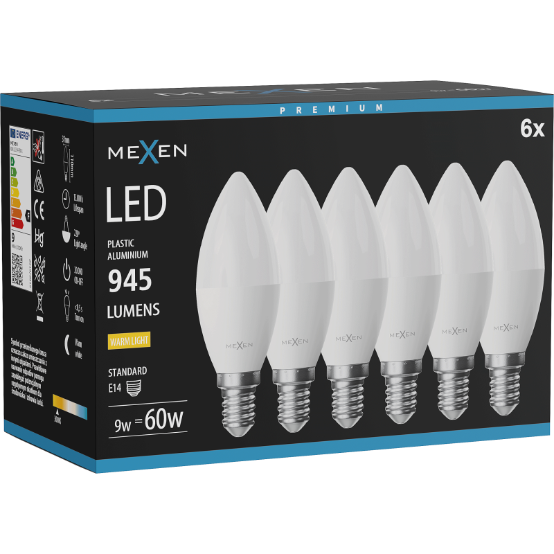 Mexen Nova 6x Bec LED E14, C37, 9W, Caldă - 3000K, 945 lm - L102-E14-0930-01x06
