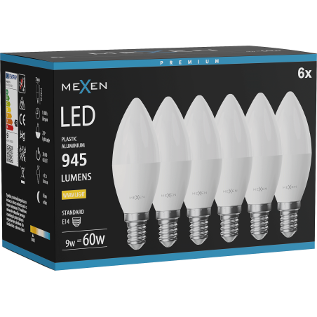 Mexen Nova 6x Bec LED E14, C37, 9W, Caldă - 3000K, 945 lm - L102-E14-0930-01x06