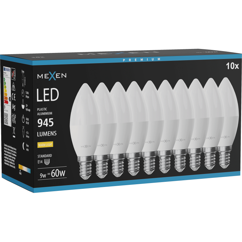 Mexen Nova 10x Bec LED E14, C37, 9W, Cald - 3000K, 945 lm - L102-E14-0930-01x10
