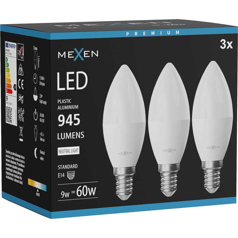 Mexen Nova 3x Bec LED E14, C37, 9W, Neutru - 4000K, 945 lm - L102-E14-0940-01x03