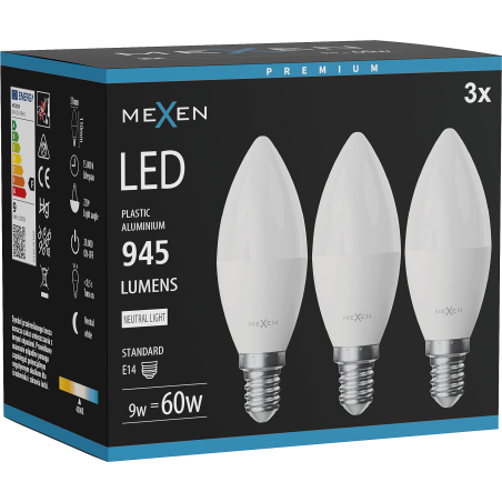 Mexen Nova 3x LED izzó E14, C37, 9W, Semleges - 4000K, 945 lm - L102-E14-0940-01x03