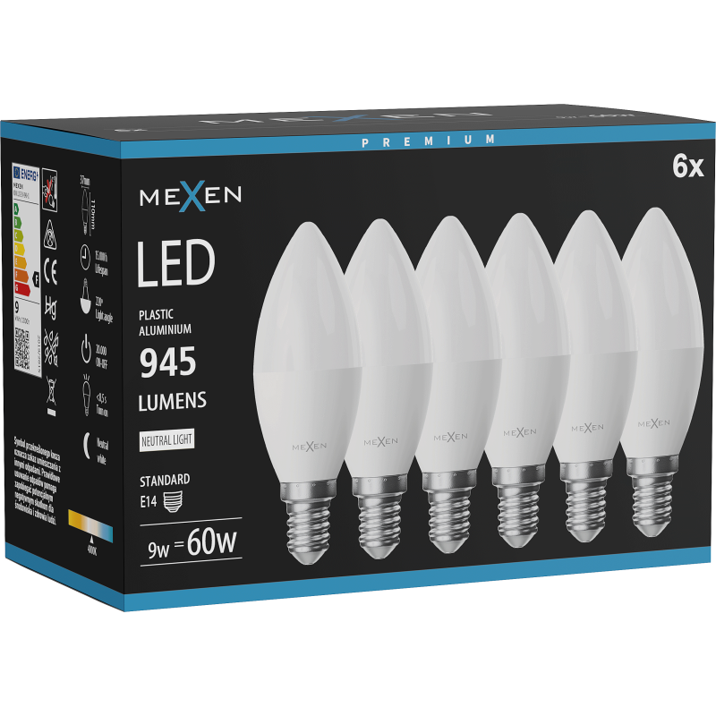 Mexen Nova 6x LED izzó E14, C37, 9W, Semleges - 4000K, 945 lm - L102-E14-0940-01x06