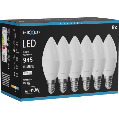 Mexen Nova 6x Bec LED E14, C37, 9W, Neutru - 4000K, 945 lm - L102-E14-0940-01x06