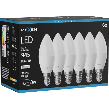 Mexen Nova 6x LED izzó E14, C37, 9W, Semleges - 4000K, 945 lm - L102-E14-0940-01x06