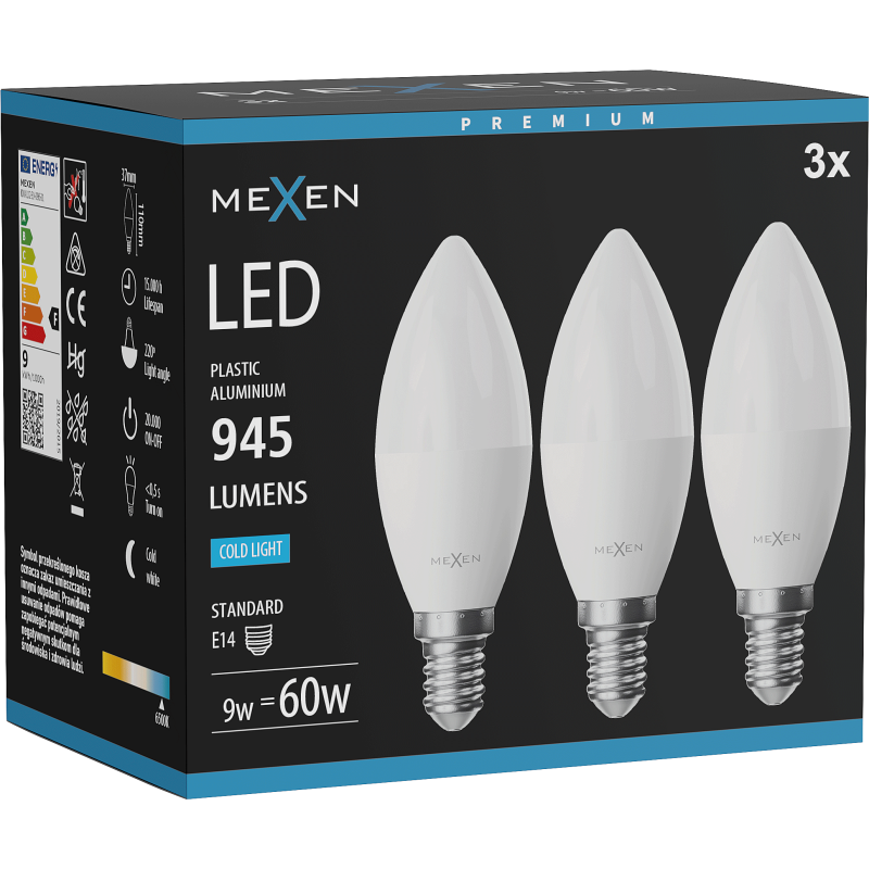 Mexen Nova 3x Bec LED E14, C37, 9W, Rece - 6500K, 945 lm - L102-E14-0965-01x03