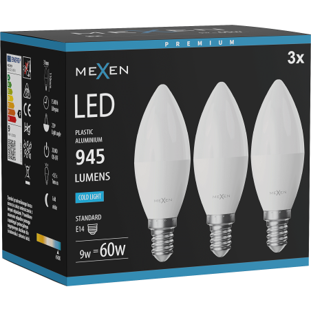 Mexen Nova 3x Bec LED E14, C37, 9W, Rece - 6500K, 945 lm - L102-E14-0965-01x03