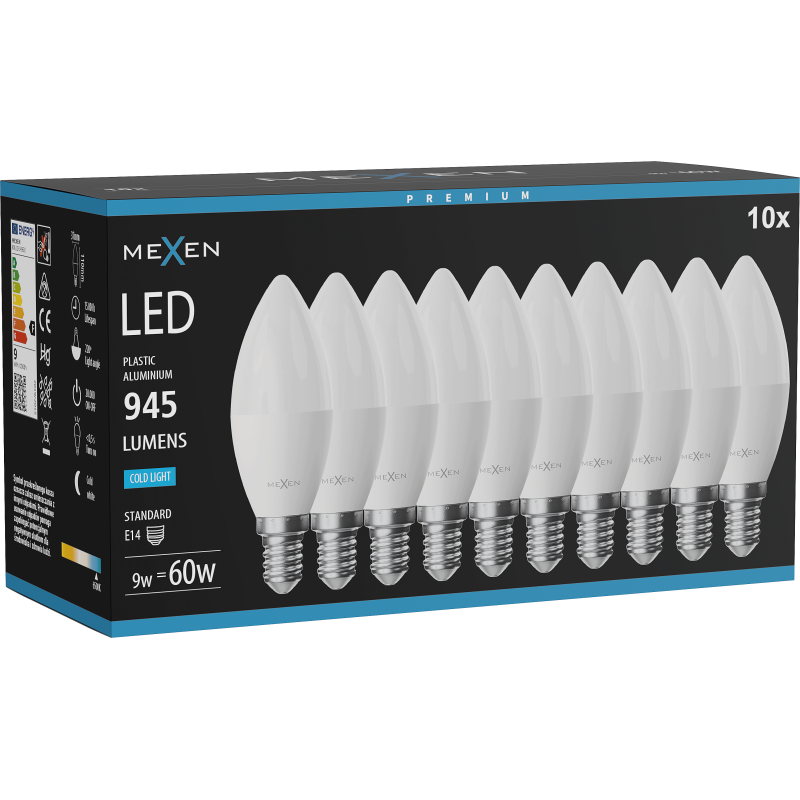 Mexen Nova 10x LED izzó E14, C37, 9W, Hideg - 6500K, 945 lm - L102-E14-0965-01x10