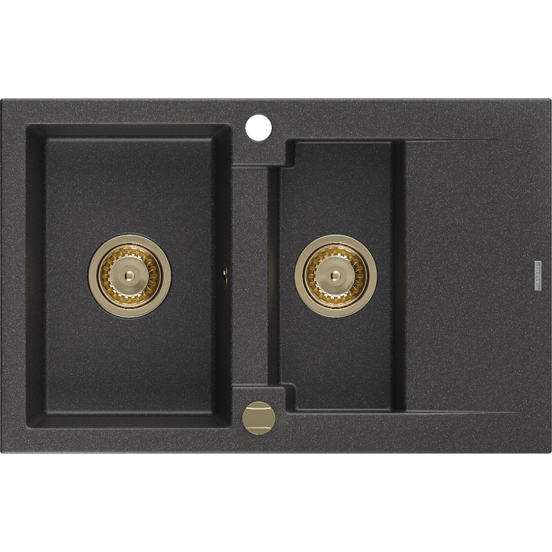 Mexen Gaspar chiuvetă de granit cu 1,5 compartiment cu picurător 737 x 475 mm, Neagră picățele, sifon Auriu - 6507731505-76-G