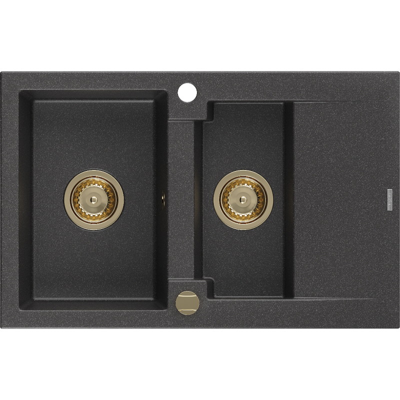 Mexen Gaspar chiuvetă de granit cu 1,5 compartimente cu scurgător 737 x 475 mm, negru stropit, sifon auriu - 6507731505-76-G