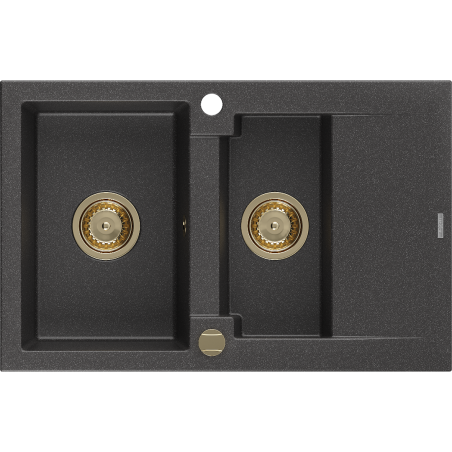Mexen Gaspar chiuvetă de granit cu 1,5 compartiment cu picurător 737 x 475 mm, Neagră picățele, sifon Auriu - 6507731505-76-G