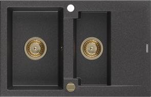 Mexen Gaspar 1.5-medencés gránit mosogató edényszárítóval 737 x 475 mm, Fekete foltos, szifon Arany - 6507731505-76-G
