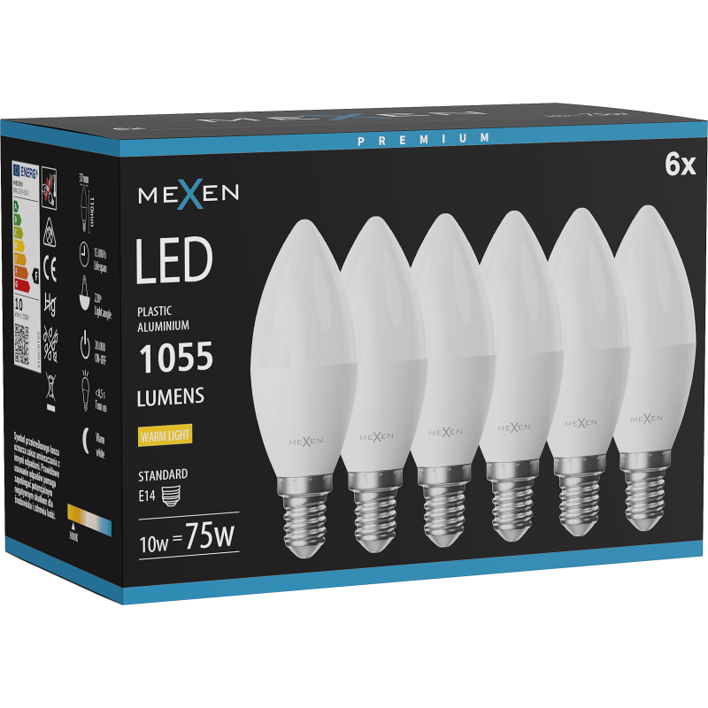 Mexen Nova 6x Bec LED E14, C37, 10W, Caldă - 3000K, 1055 lm - L102-E14-1030-01x06