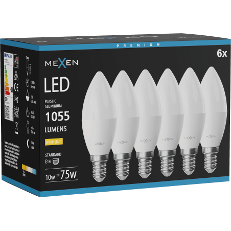 Mexen Nova 6x LED izzó E14, C37, 10W, Meleg Fény - 3000K, 1055 lm - L102-E14-1030-01x06