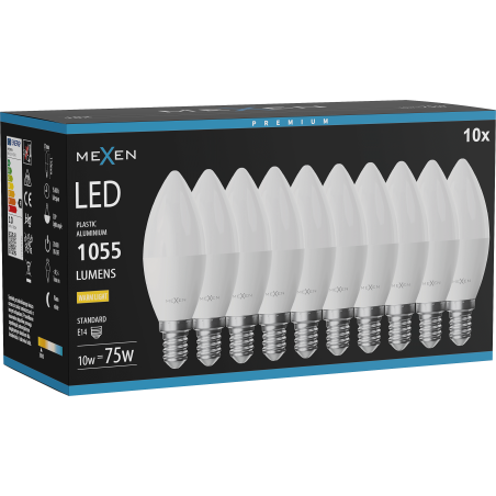 Mexen Nova 10x LED izzó E14, C37, 10W, Meleg - 3000K, 1055 lm - L102-E14-1030-01x10