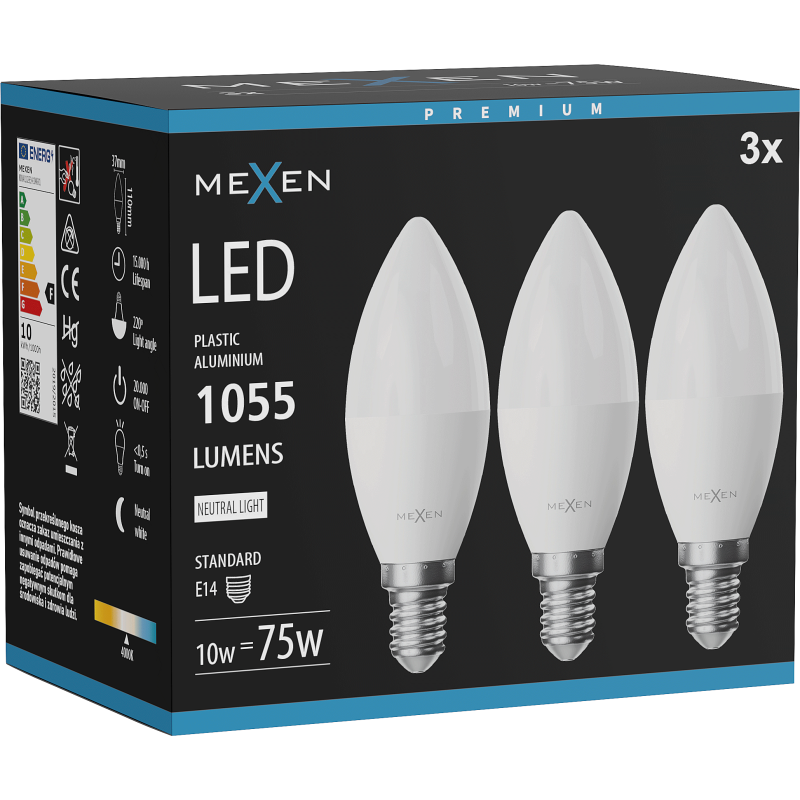 Mexen Nova 3x LED izzó E14, C37, 10W, Semleges - 4000K, 1055 lm - L102-E14-1040-01x03
