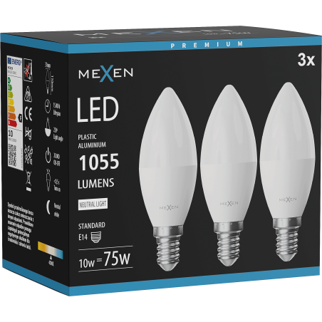 Mexen Nova 3x LED izzó E14, C37, 10W, Semleges - 4000K, 1055 lm - L102-E14-1040-01x03