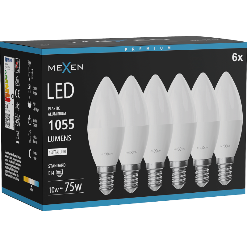 Mexen Nova 6x Bec LED E14, C37, 10W, Neutră - 4000K, 1055 lm - L102-E14-1040-01x06